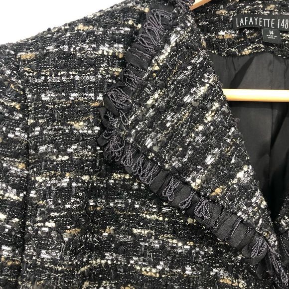 Lafayette 148 Black Metallic Tweed Fringe Trim Evening Jacket size 14 - Picture 5 of 14